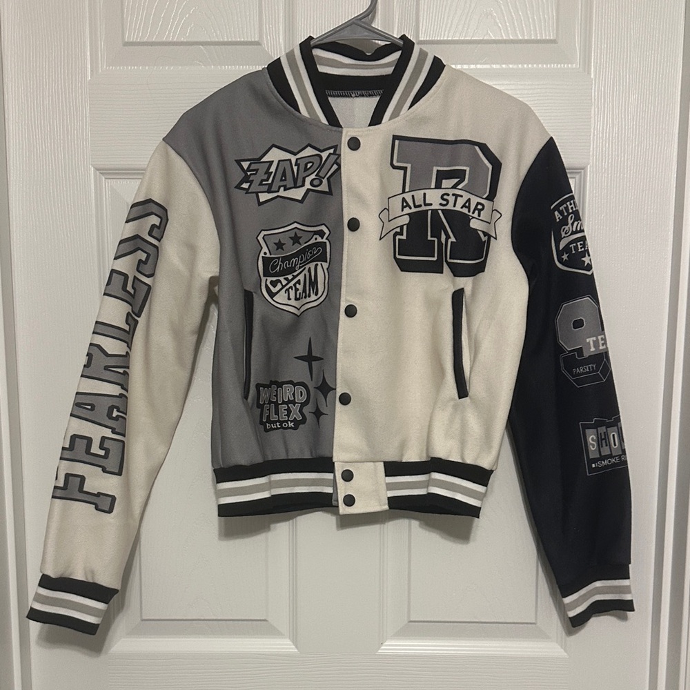 Black and White Varsity Jacket with Patches